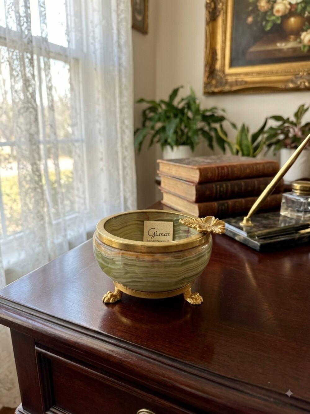 Vintage Italian Carved Green Onyx Catchall / Trinket Bowl
